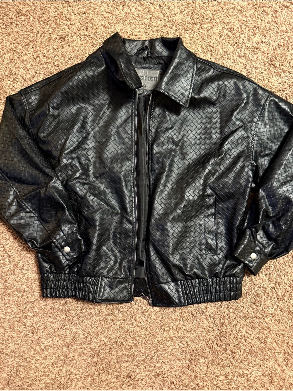 Black Textured Faux-Leather Bomber Jacket